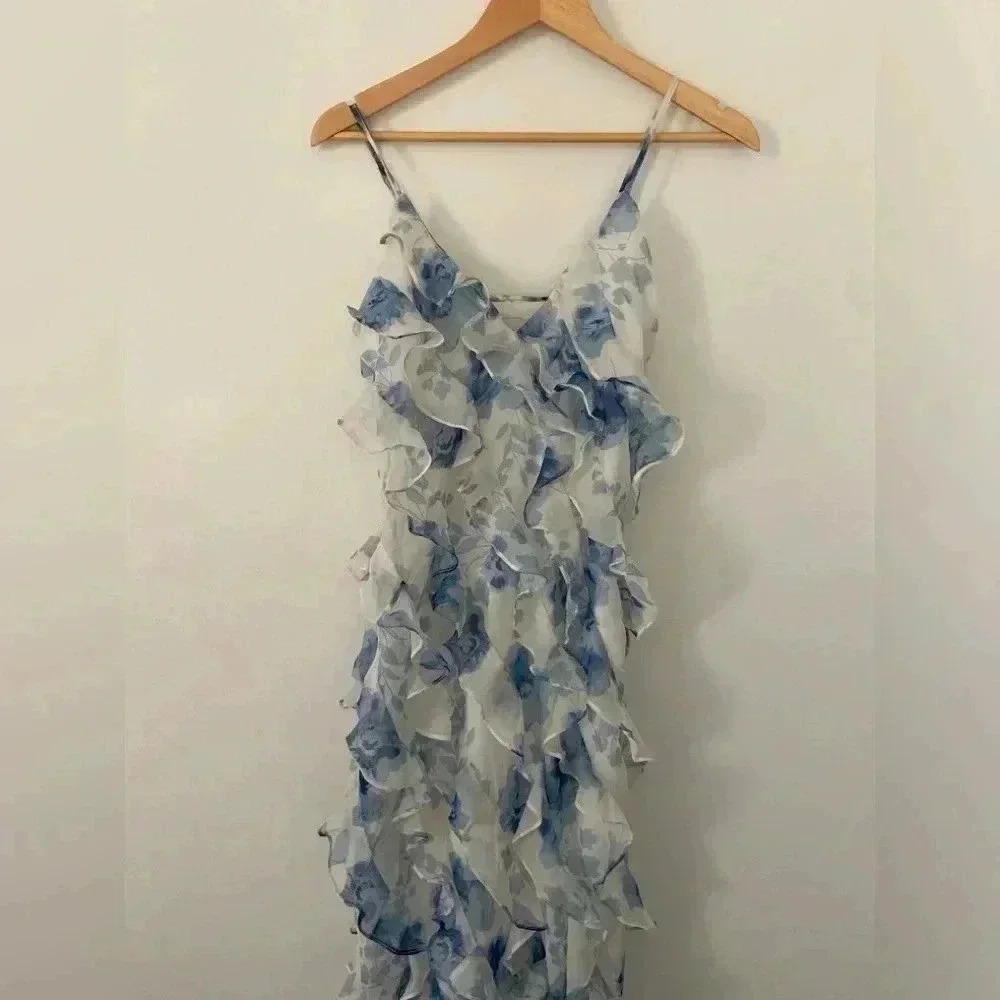 NWOT Anthropologie BHLDN Jia Printed Bias-Cut Ruffled V-Neck Gown Maxi Blue Sz 2 - Picture 3 of 7